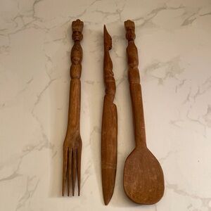 Vintage Wooden Hand Carved Utensils 80's Tribal Decor Kitchen Collectible Wood